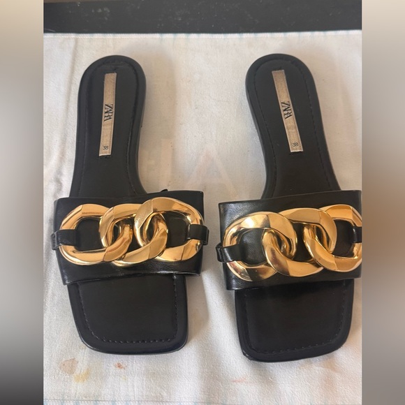 Zara Black Sandals with Gold Chain Accent - Picture 2 of 2